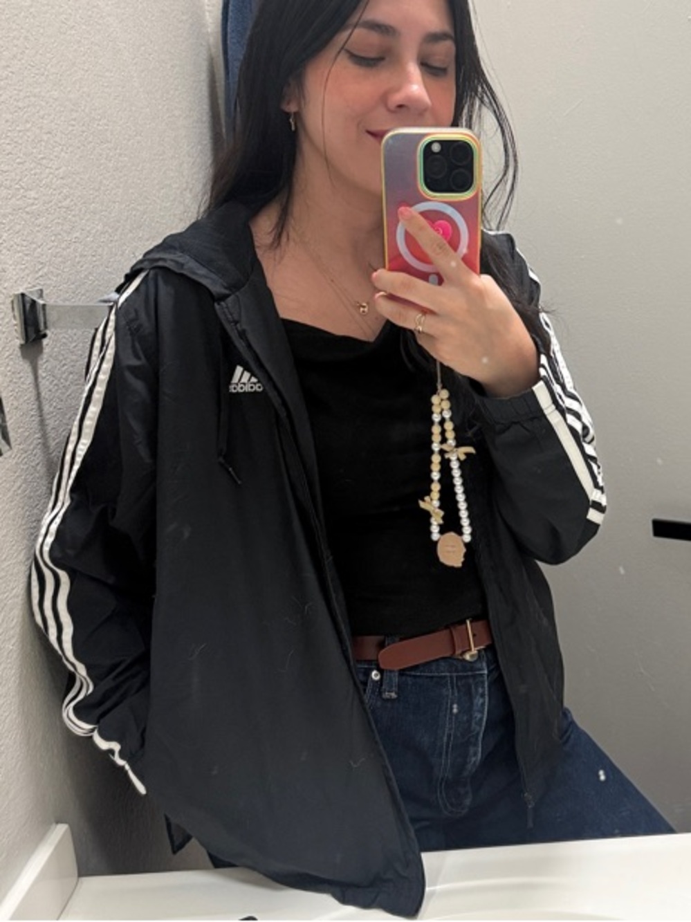 adidas Black Hooded Nylon Jacket with White Stripe Detail and zipper